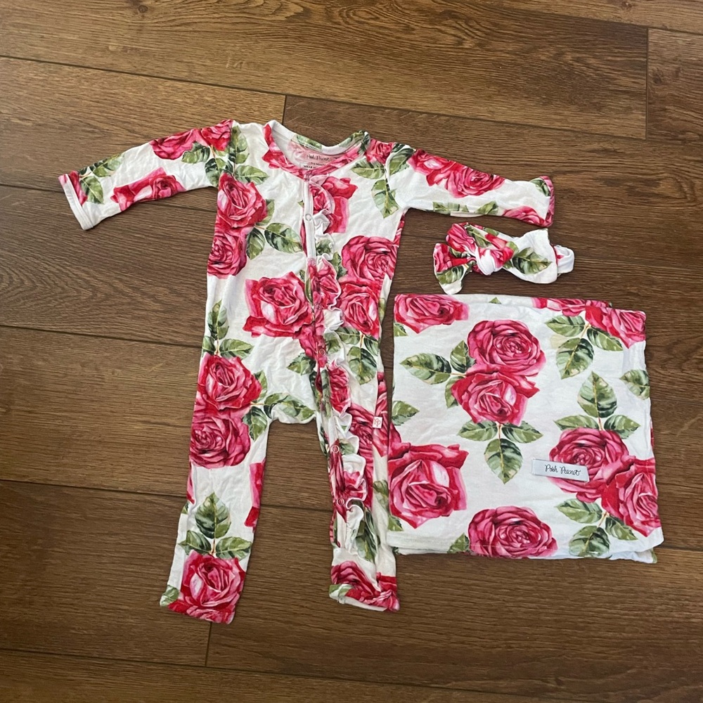 Posh Peanut Dolce Rose ruffle romper, headband, swaddle blanket set 6-9 months